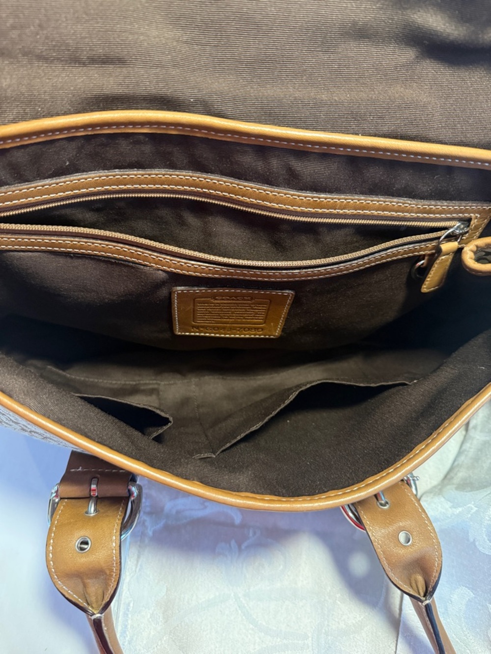 Coach Brown Signature Canvas Shoulder Satchel with Tan Leather Trim - Picture 9 of 13